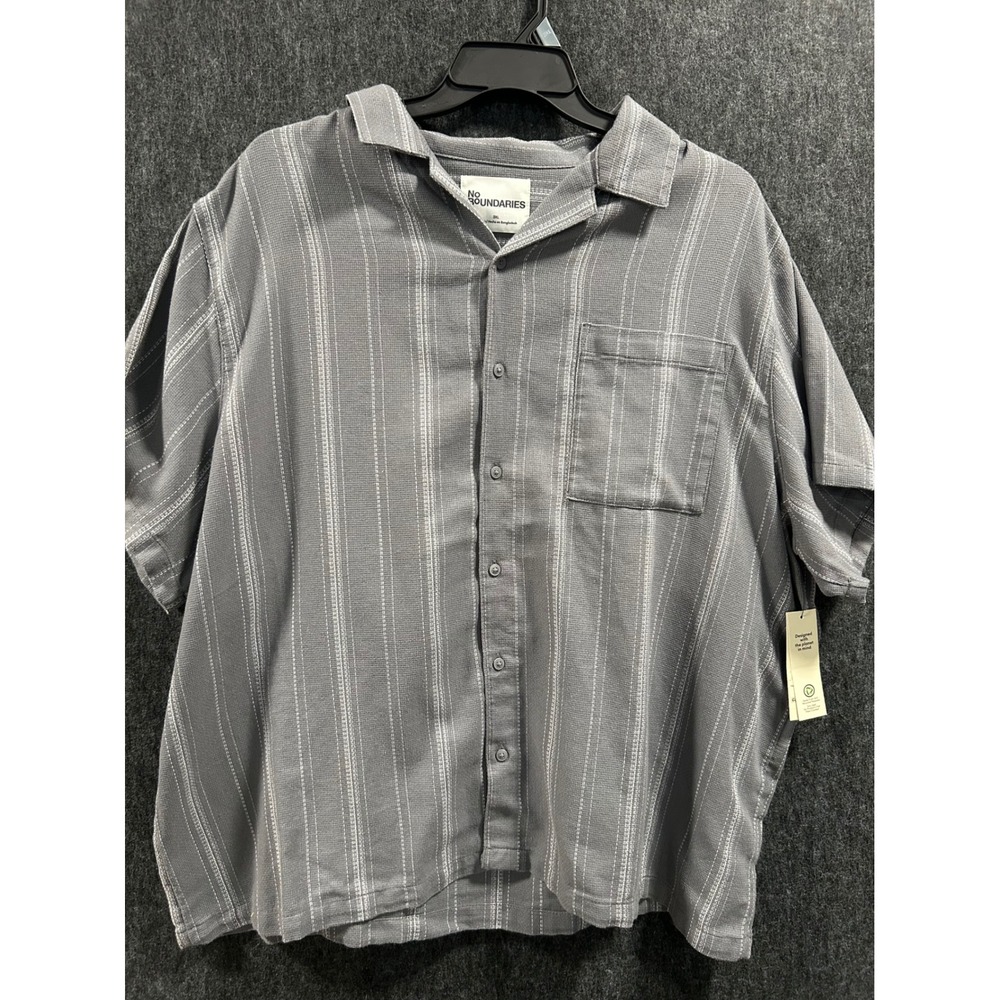 No Boundaries Mens 3XL Grey Striped Short Sleeve Camp Collar Button Down Shirt